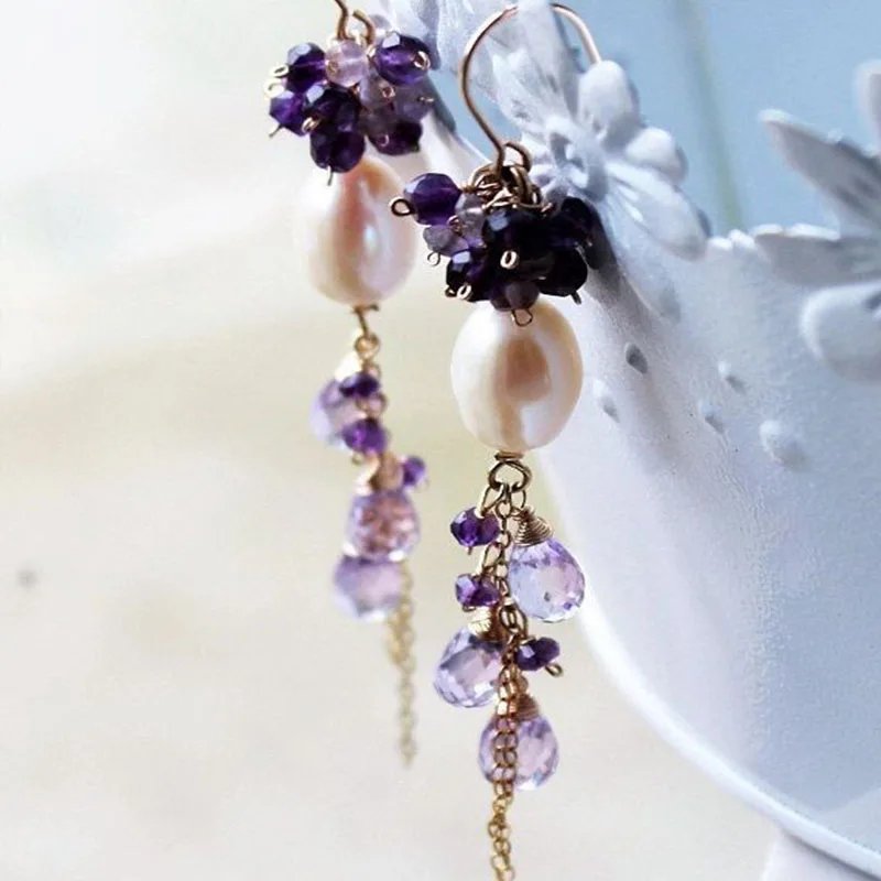 Handmade Drop Earrings with Freshwater Pearl and Lapis Lazuli Stone Women Jewelry
