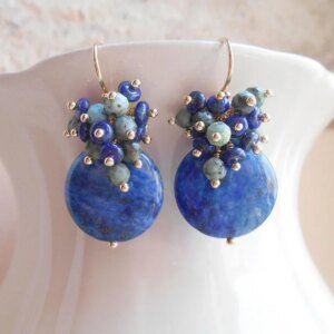 Ethnic Lazuli & Turquoise Gems Earrings - Elegant Vintage-Inspired, Denim Navy Blue with Golden Accents