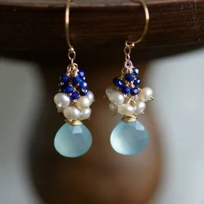 Aqua Chalcedony Earrings, Lapis, Pearl Cluster DDangle Earrings