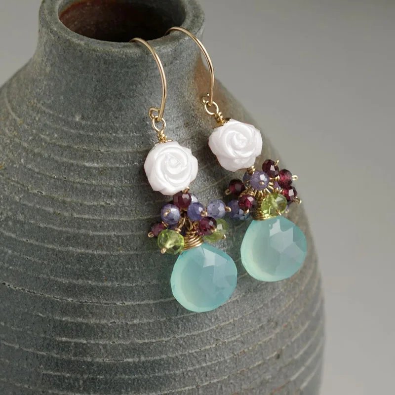 Aqua Chalcedony Earrings, Lapis, Pearl Cluster DDangle Earrings