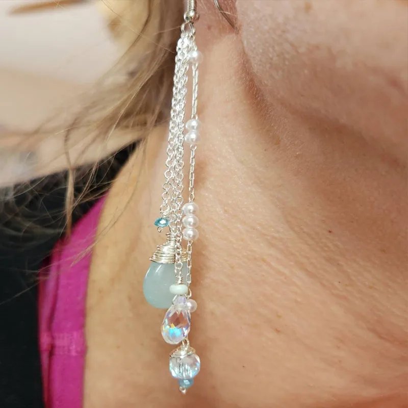 Aqua Chalcedony Earrings, Lapis, Pearl Cluster DDangle Earrings