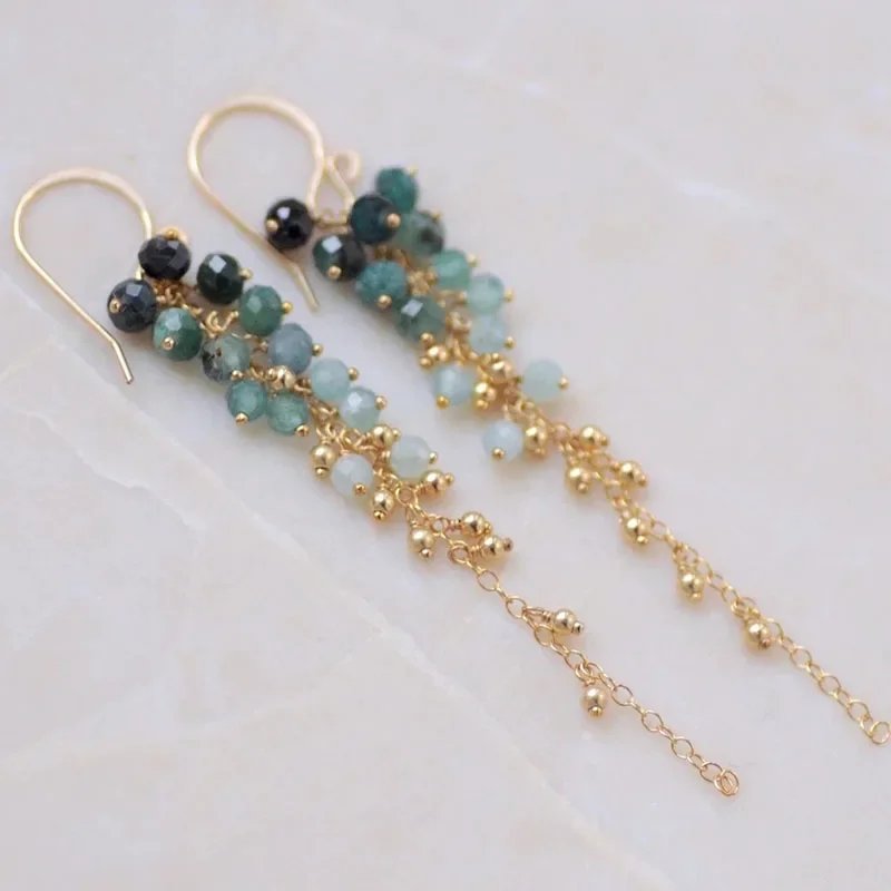 Filled Grandidierite Earrings, Genuine Gemstones, Long Chain Cluster, Ombre, Cascading, Blue, Green, Teal, Gift for Women