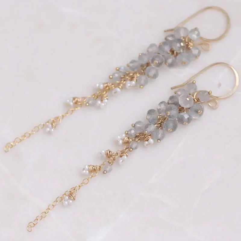 Filled Grandidierite Earrings, Genuine Gemstones, Long Chain Cluster, Ombre, Cascading, Blue, Green, Teal, Gift for Women