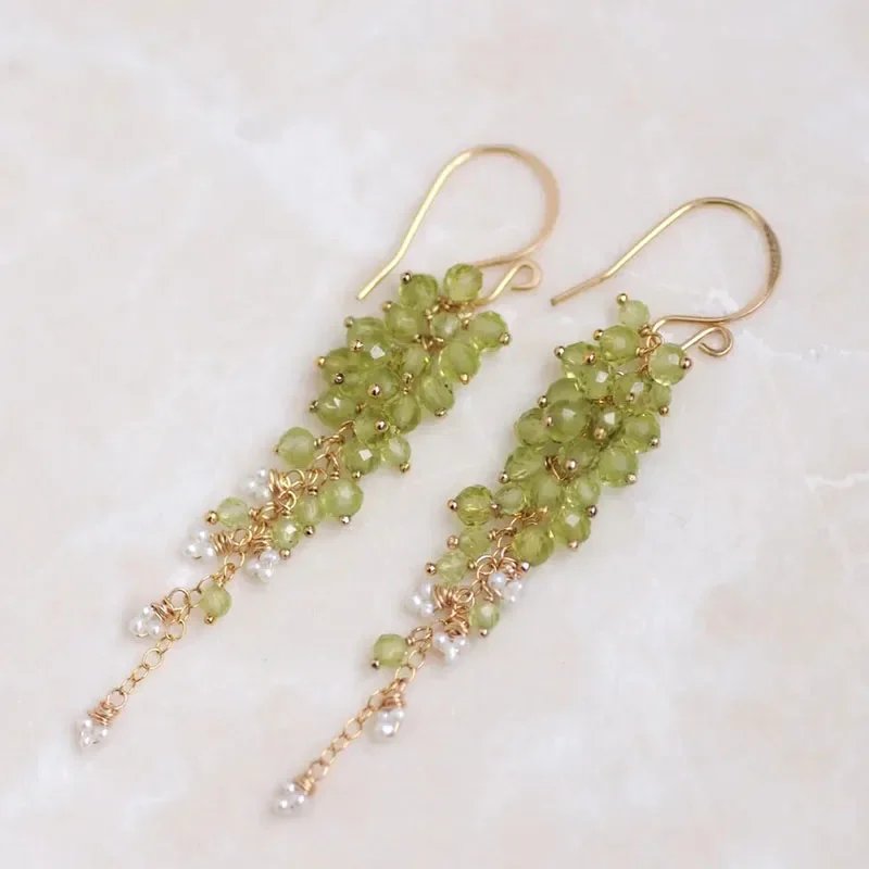 Filled Grandidierite Earrings, Genuine Gemstones, Long Chain Cluster, Ombre, Cascading, Blue, Green, Teal, Gift for Women