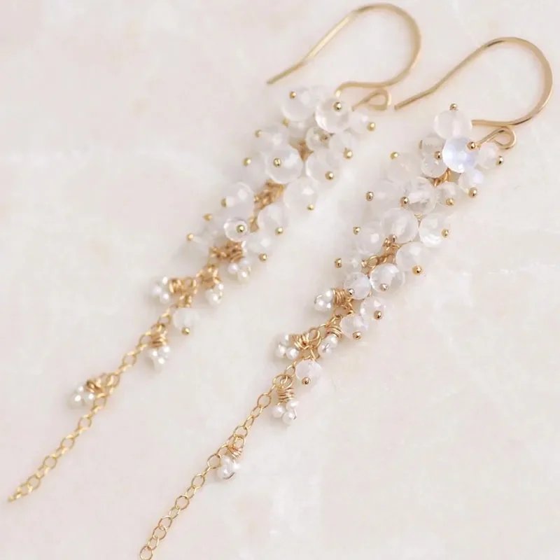 Filled Labradorite and Freshwater Pearl Earrings, Delicate Drop, Gemstone Cluster, Gray, Faceted Rondelles