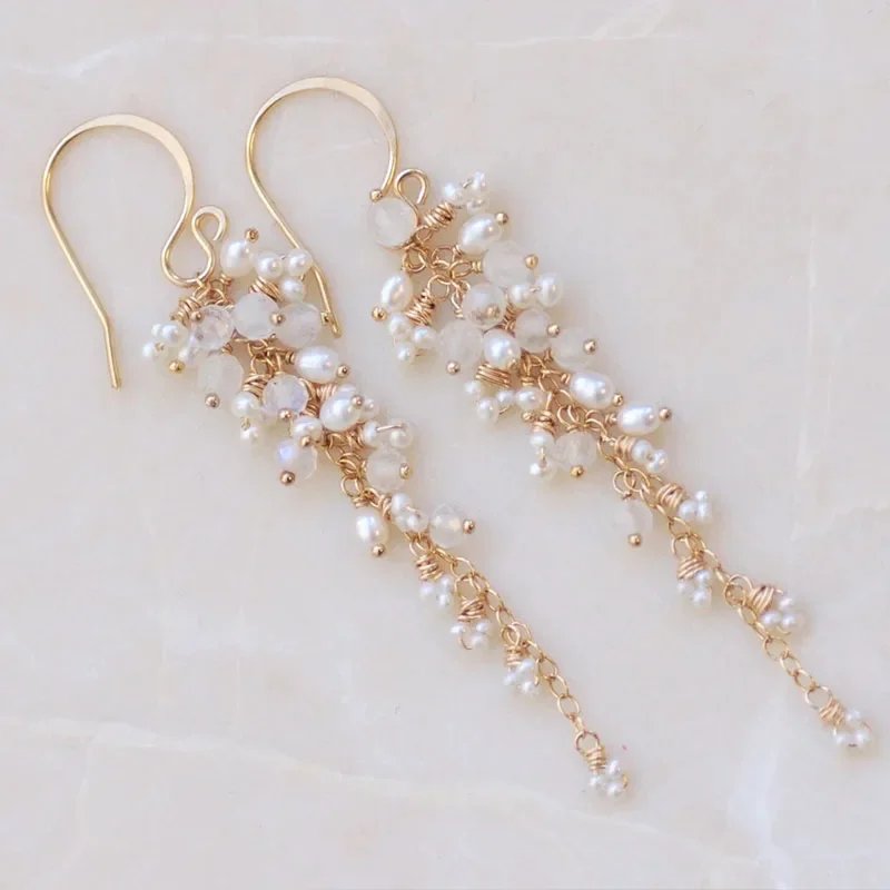Filled Labradorite and Freshwater Pearl Earrings, Delicate Drop, Gemstone Cluster, Gray, Faceted Rondelles