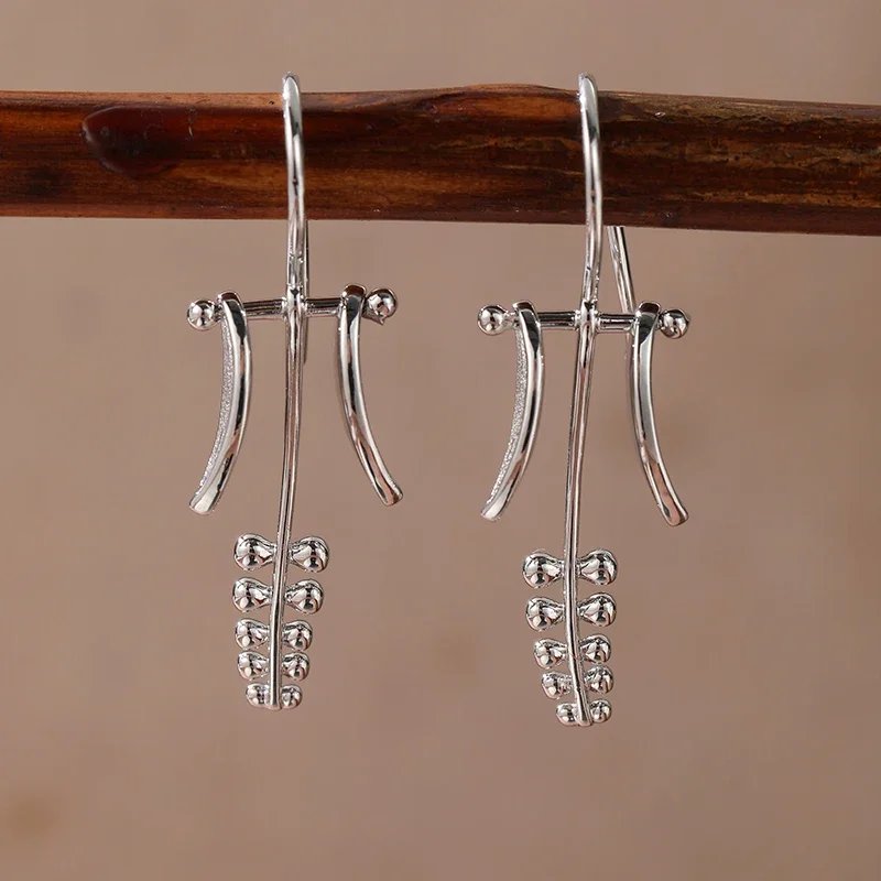 Ethnic Style Silver Plated Metal Leaf Pendant Earrings For Women Vintage Handmade Statement Hook Earring Party Jewelry Gifts