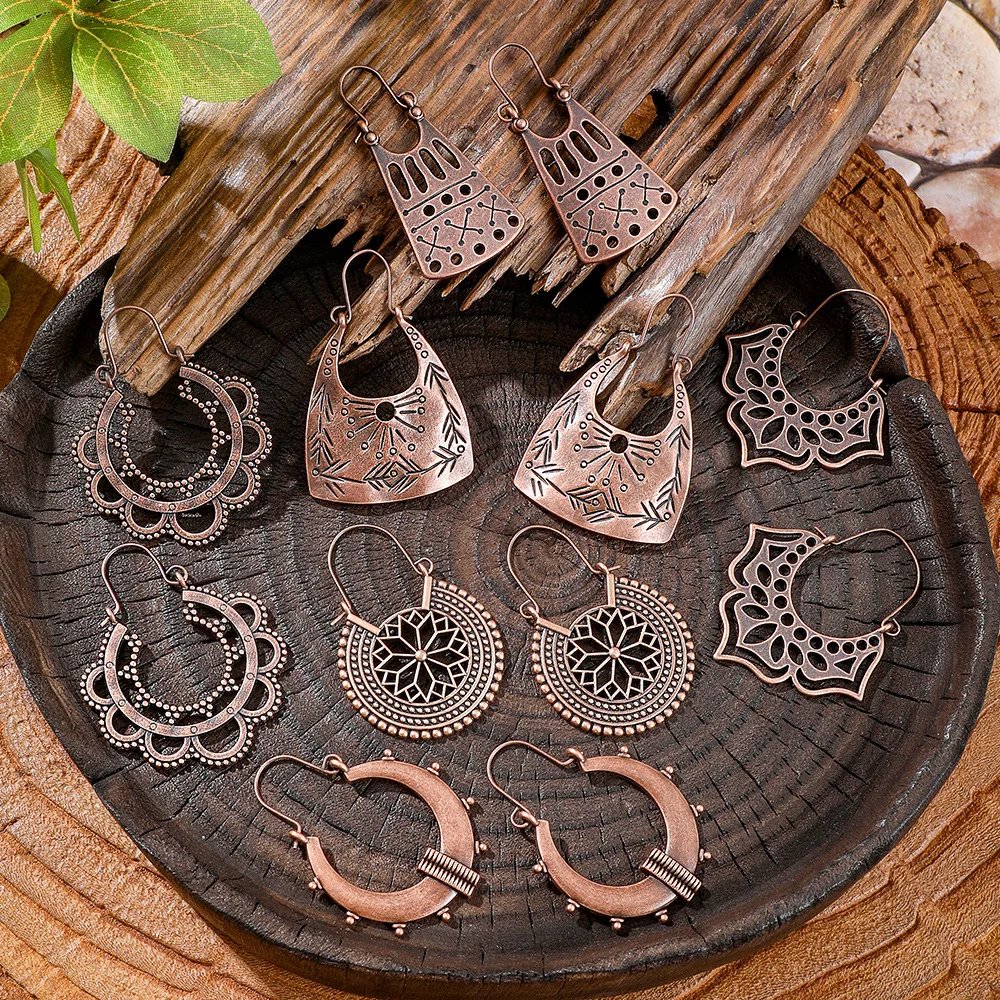 Vintage Ethnic Creative Texture Geometric Hanging Earrings for Women Boho Exquisite Hollow Carved Vacation Earrings Jewelry Vintage Ethnic Creative Texture Geometric Hanging Earrings for Women Boho Exquisite Hollow Carved Vacation Earrings Jewelry