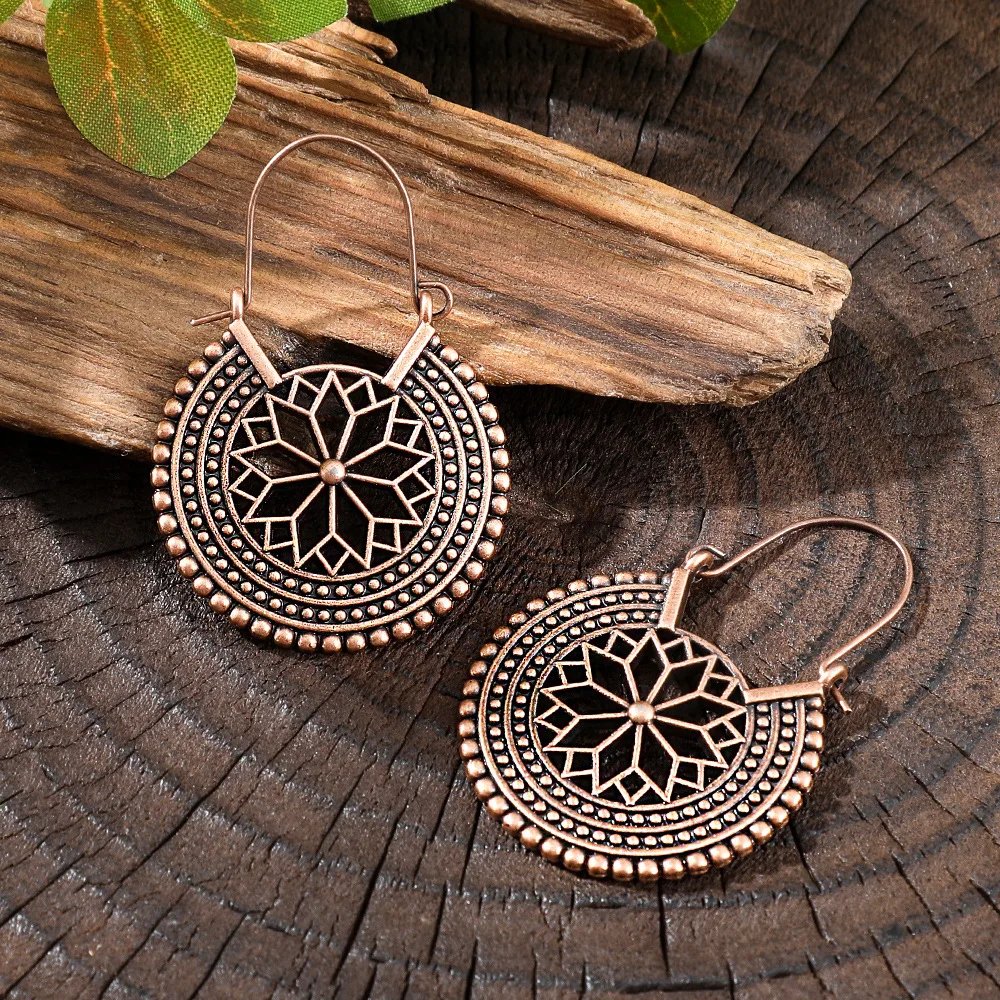 Vintage Ethnic Creative Texture Geometric Hanging Earrings for Women Boho Exquisite Hollow Carved Vacation Earrings Jewelry Vintage Ethnic Creative Texture Geometric Hanging Earrings for Women Boho Exquisite Hollow Carved Vacation Earrings Jewelry