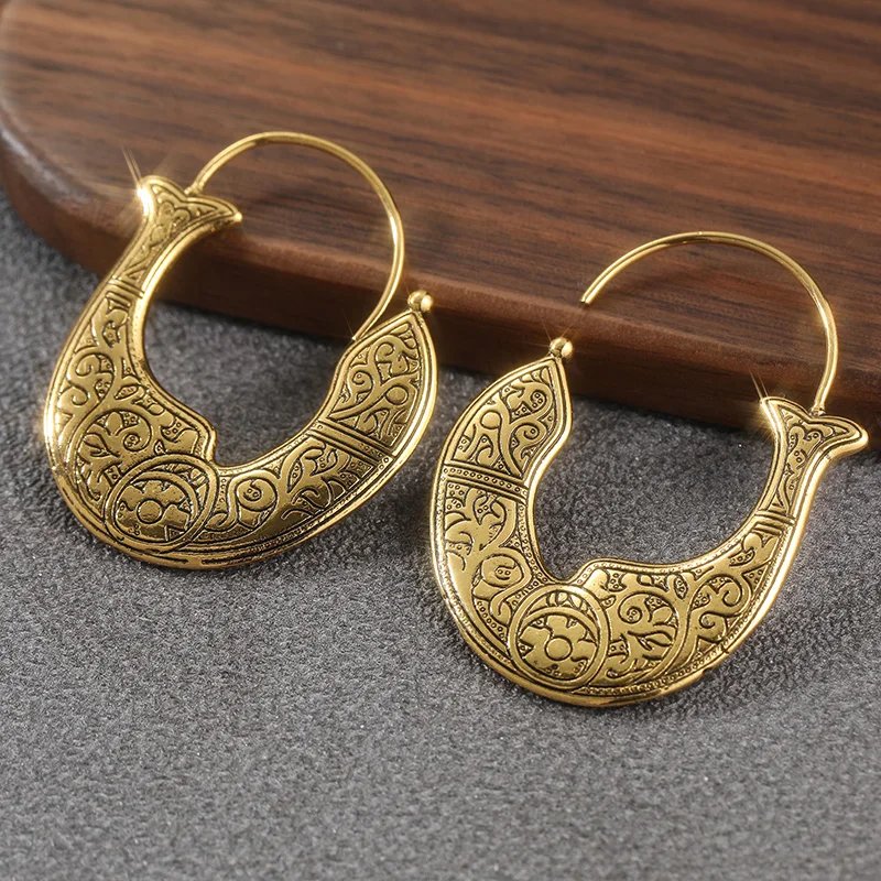 Vintage Bohemian Carved Dangle Earrings For Women Ethnic Style Gold/Silver Plated Metal Earrings Party Vacation Jewelry