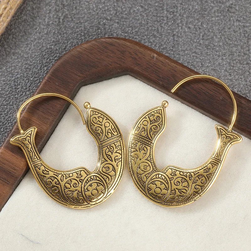 Vintage Bohemian Carved Dangle Earrings For Women Ethnic Style Gold/Silver Plated Metal Earrings Party Vacation Jewelry