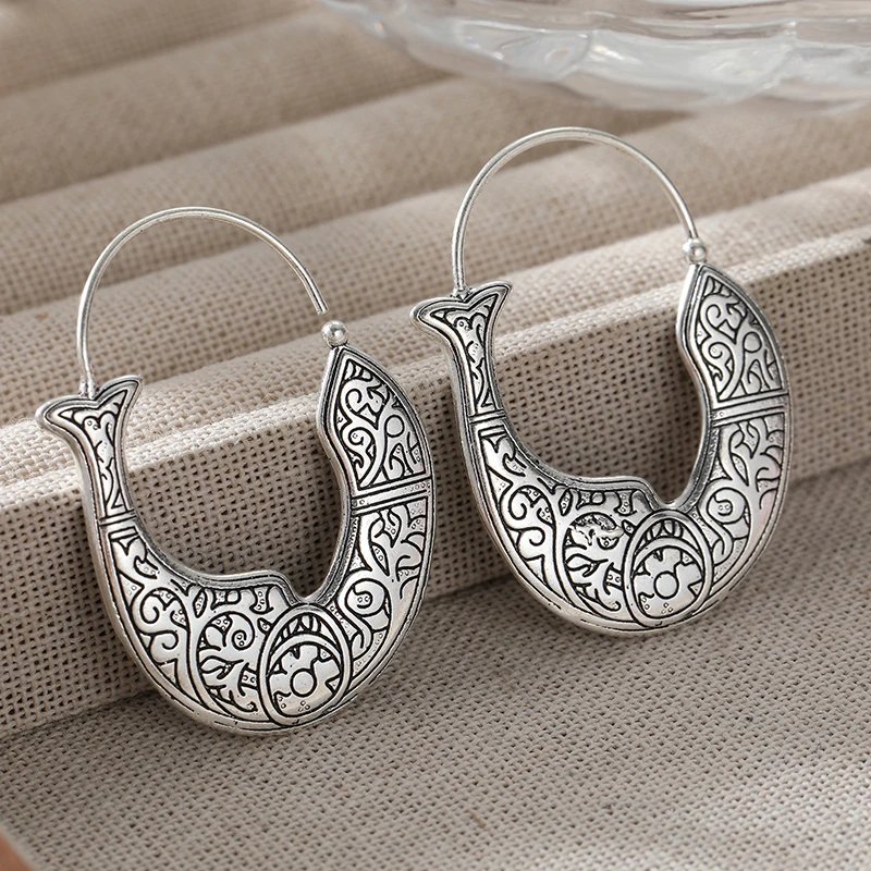 Vintage Bohemian Carved Dangle Earrings For Women Ethnic Style Gold/Silver Plated Metal Earrings Party Vacation Jewelry