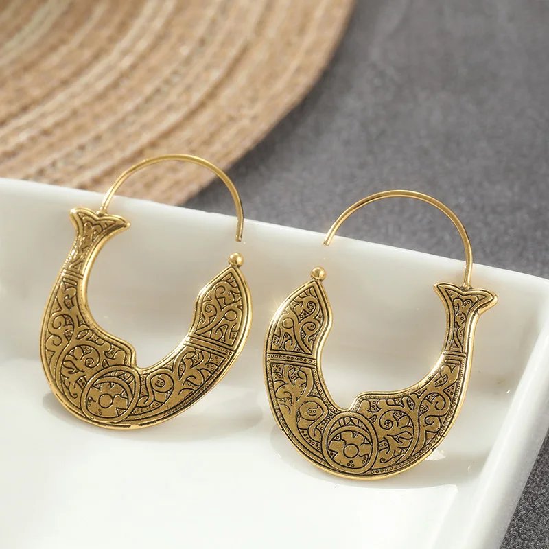 Vintage Bohemian Carved Dangle Earrings For Women Ethnic Style Gold/Silver Plated Metal Earrings Party Vacation Jewelry