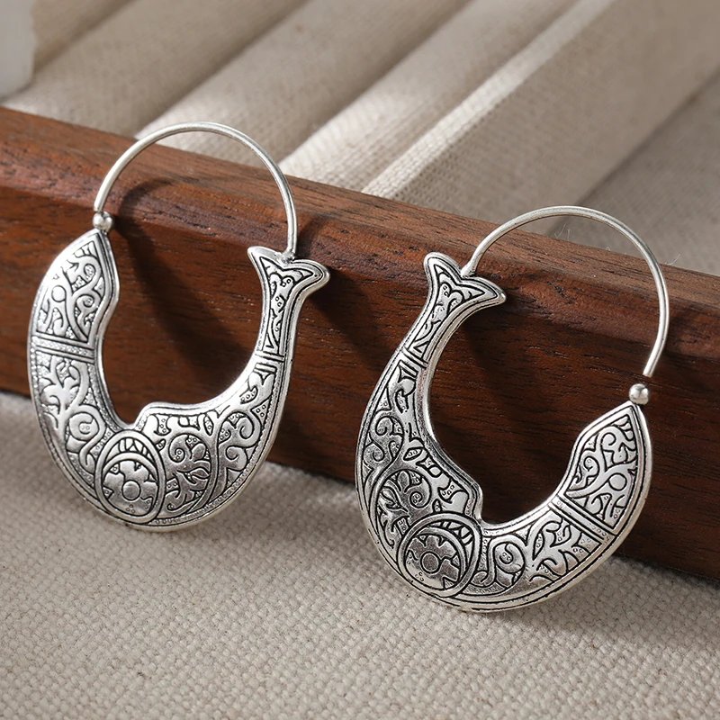 Vintage Bohemian Carved Dangle Earrings For Women Ethnic Style Gold/Silver Plated Metal Earrings Party Vacation Jewelry