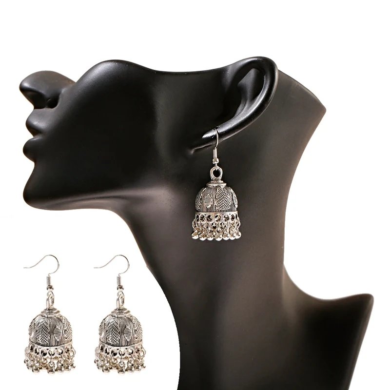 Ethnic Retro Silver Color Flower Alloy Tassel Dangle Earrings For Women's Indian Jhumka Earrings Turkey Bijoux