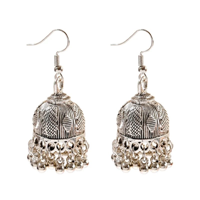 Ethnic Retro Silver Color Flower Alloy Tassel Dangle Earrings For Women's Indian Jhumka Earrings Turkey Bijoux