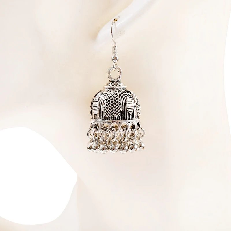 Ethnic Retro Silver Color Flower Alloy Tassel Dangle Earrings For Women's Indian Jhumka Earrings Turkey Bijoux
