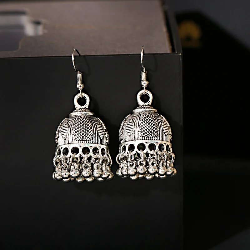 Ethnic Retro Silver Color Flower Alloy Tassel Dangle Earrings For Women's Indian Jhumka Earrings Turkey Bijoux