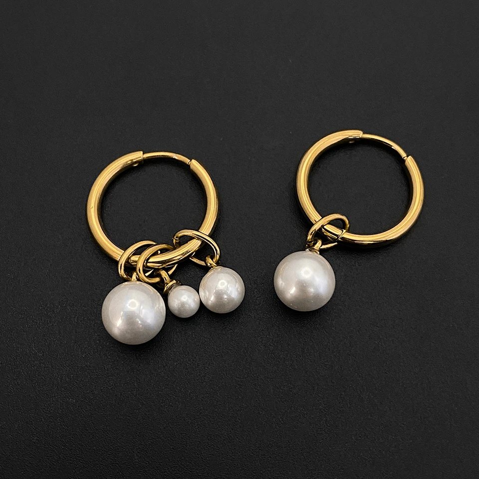 eManco Stainless Steel Imitation Pearl Pearl Hoop Earrings Minimalist Style with Graduated Pearl Ideal Commute Jewelry