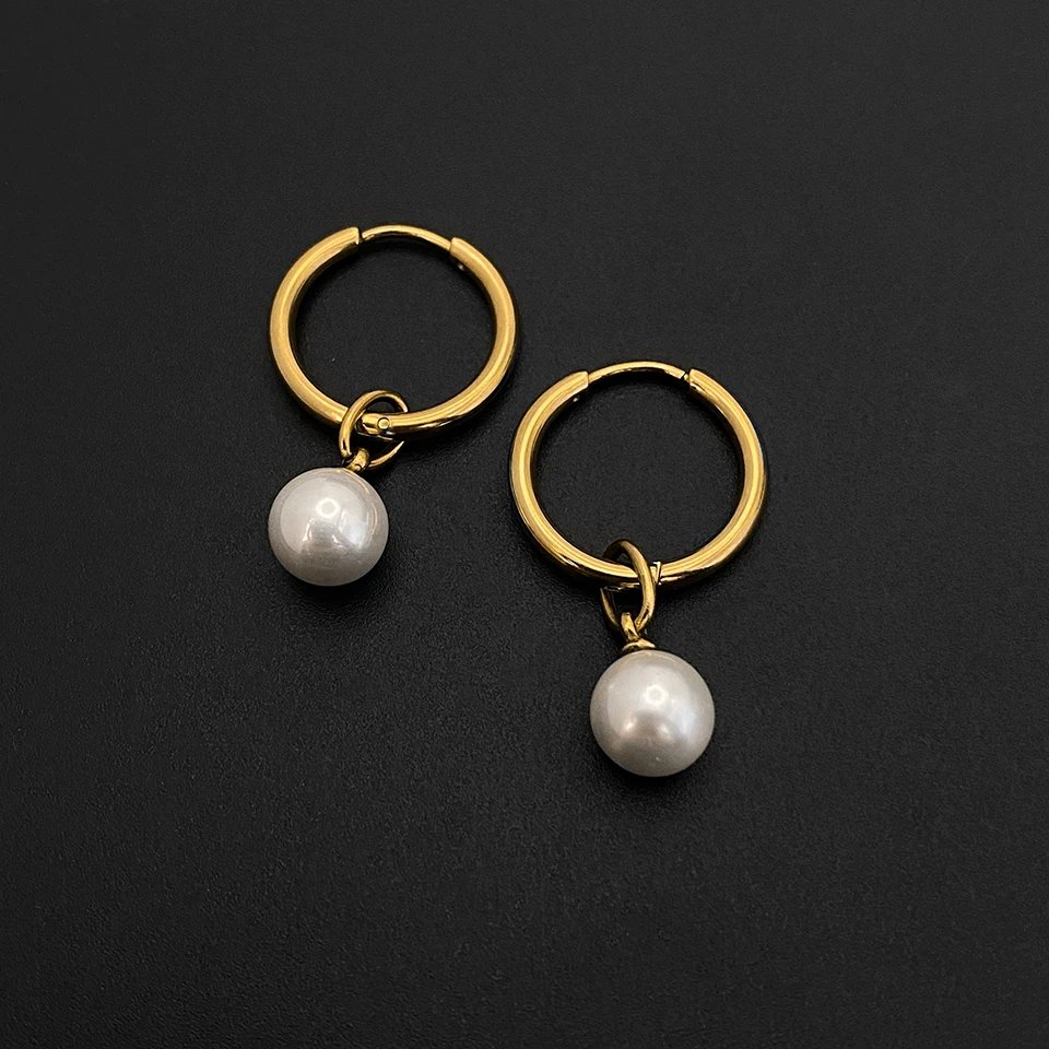 eManco Stainless Steel Imitation Pearl Pearl Hoop Earrings Minimalist Style with Graduated Pearl Ideal Commute Jewelry