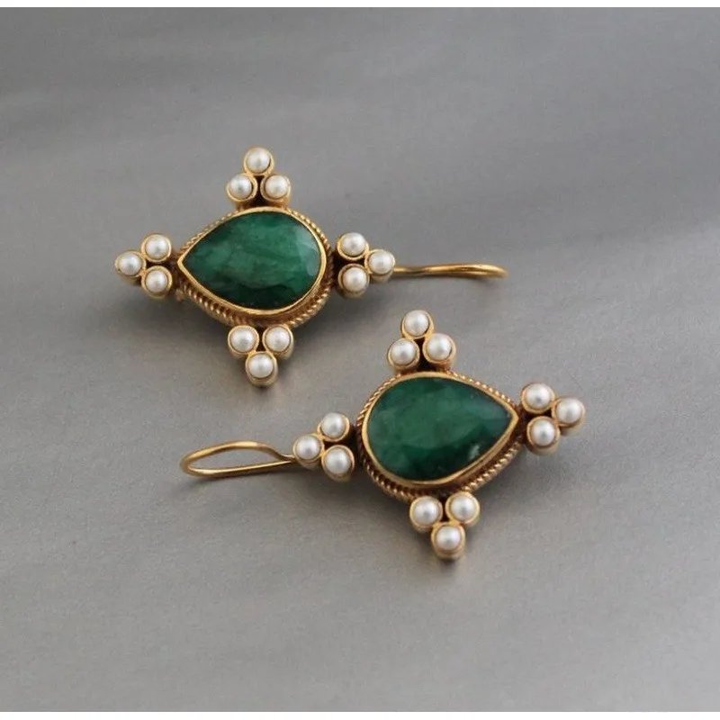 1pair Elegant Retro Green Color Geometric Imitation Pearl Pendant Earrings for Women's Exquisite Party Wedding Jewelry Gift