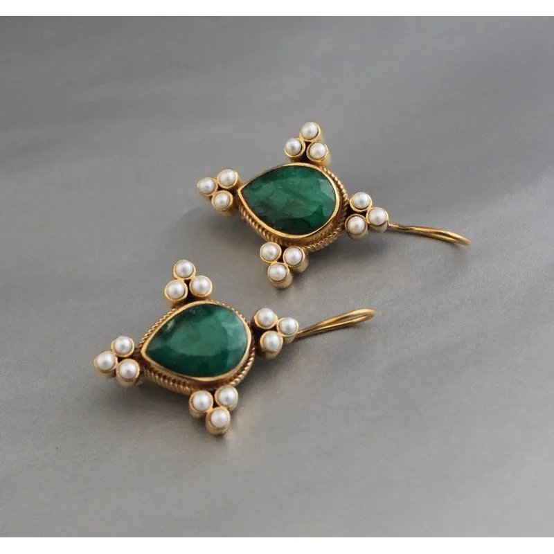 1pair Elegant Retro Green Color Geometric Imitation Pearl Pendant Earrings for Women's Exquisite Party Wedding Jewelry Gift