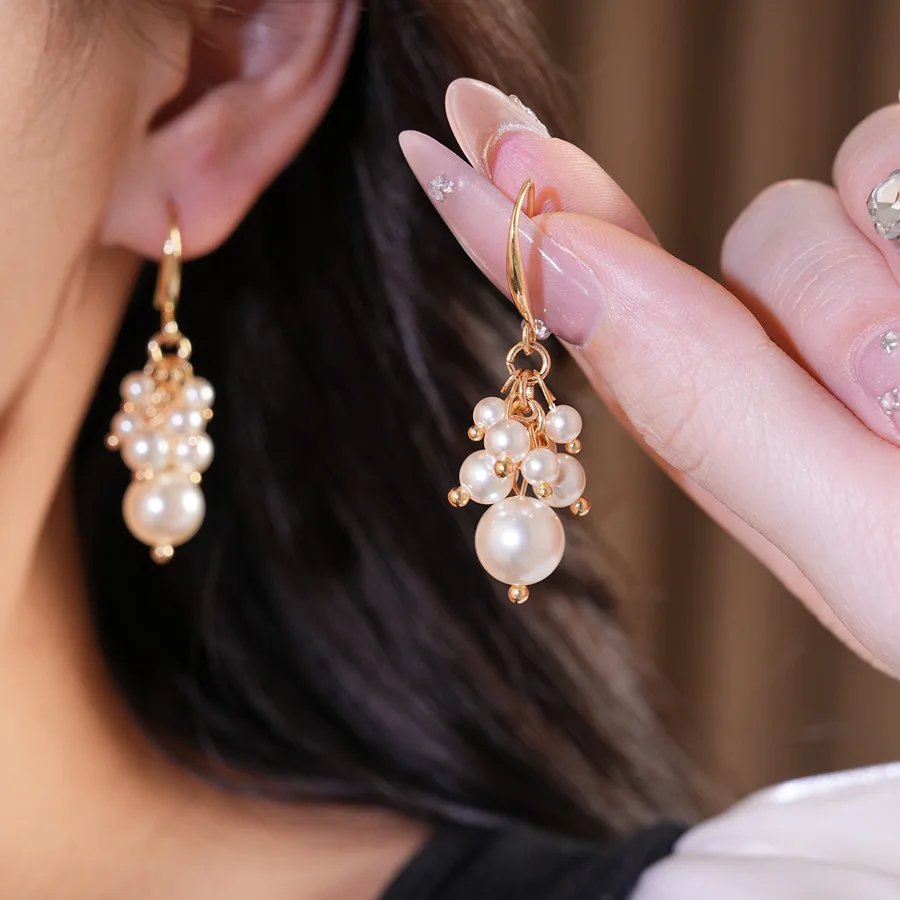 Imitation Pearl Bead Dangle Earrings for Women French Elegant Grape Shape Cluster Tassel Earring - Image 2