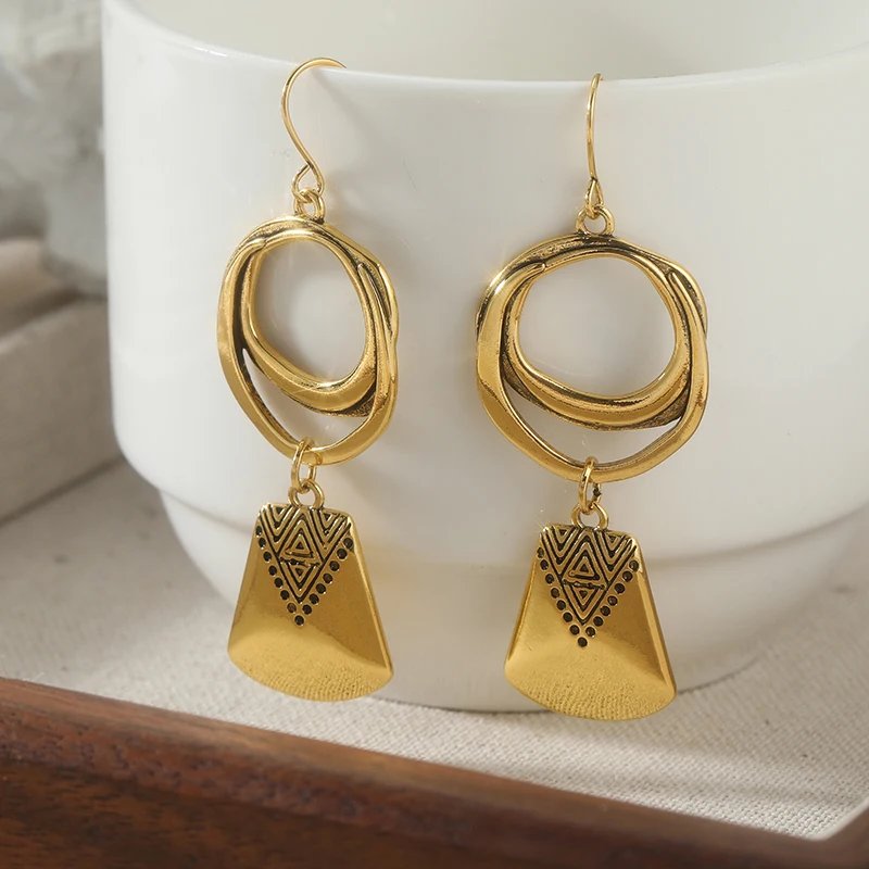 Bohemian Style Golden Plated Geometric Dangle Earrings For Women Exquisite Ethnic Style Carving Earrings Jewelry Gifts