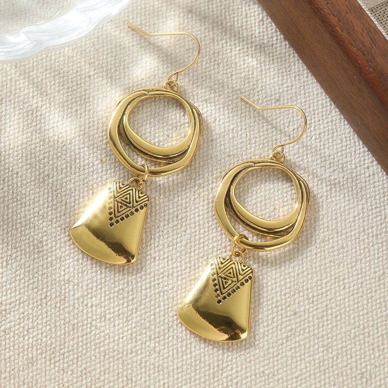 Bohemian Style Golden Plated Geometric Dangle Earrings For Women Exquisite Ethnic Style Carving Earrings Jewelry Gifts