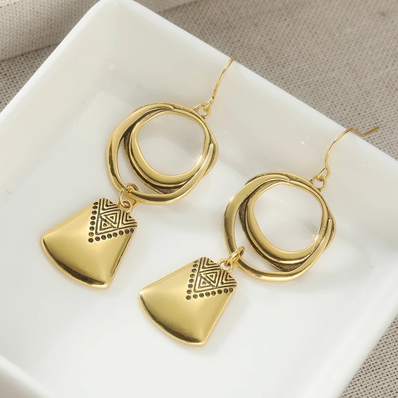 Bohemian Style Golden Plated Geometric Dangle Earrings For Women Exquisite Ethnic Style Carving Earrings Jewelry Gifts