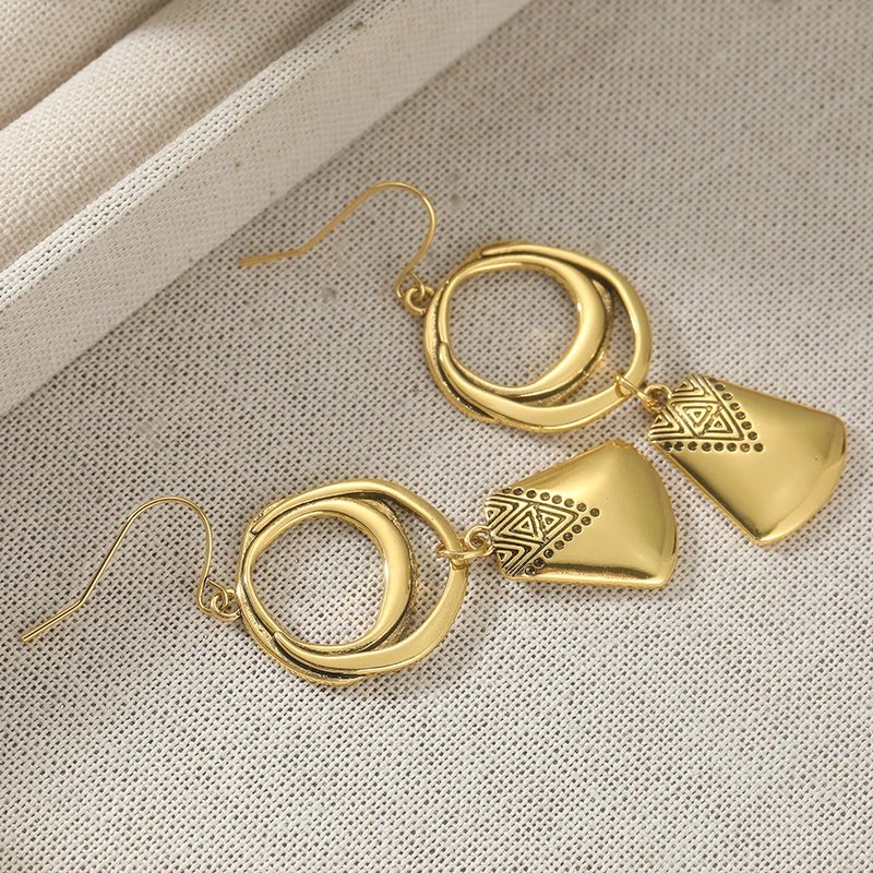 Bohemian Style Golden Plated Geometric Dangle Earrings For Women Exquisite Ethnic Style Carving Earrings Jewelry Gifts