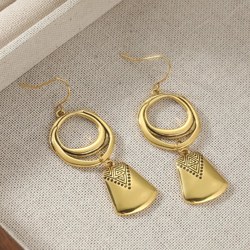 Bohemian Style Golden Plated Geometric Dangle Earrings For Women Exquisite Ethnic Style Carving Earrings Jewelry Gifts