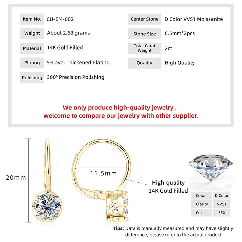 Lnngy Sparkling GRA Certified Moissanite Diamond Earrings For Women 14K Gold Filled 6.5MM Single Stone Hoop Earring Jewelry Lnngy Sparkling GRA Certified Moissanite Diamond Earrings For Women 14K Gold Filled 6.5MM Single Stone Hoop Earring Jewelry