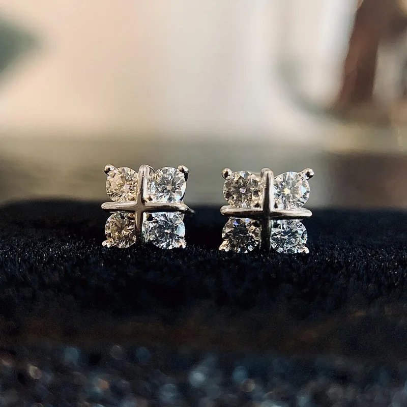 Lnkry 14K Gold Filled Four Leaf Flower Stud Earrings Sparkling 3mm Moissanite Earring for Women Korean INS Simple Jewelry Lnkry 14K Gold Filled Four Leaf Flower Stud Earrings Sparkling 3mm Moissanite Earring for Women Korean INS Simple Jewelry