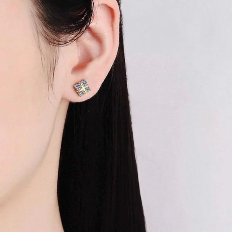 Lnkry 14K Gold Filled Four Leaf Flower Stud Earrings Sparkling 3mm Moissanite Earring for Women Korean INS Simple Jewelry Lnkry 14K Gold Filled Four Leaf Flower Stud Earrings Sparkling 3mm Moissanite Earring for Women Korean INS Simple Jewelry