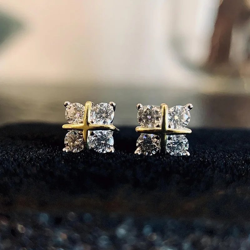 Lnkry 14K Gold Filled Four Leaf Flower Stud Earrings Sparkling 3mm Moissanite Earring for Women Korean INS Simple Jewelry Lnkry 14K Gold Filled Four Leaf Flower Stud Earrings Sparkling 3mm Moissanite Earring for Women Korean INS Simple Jewelry