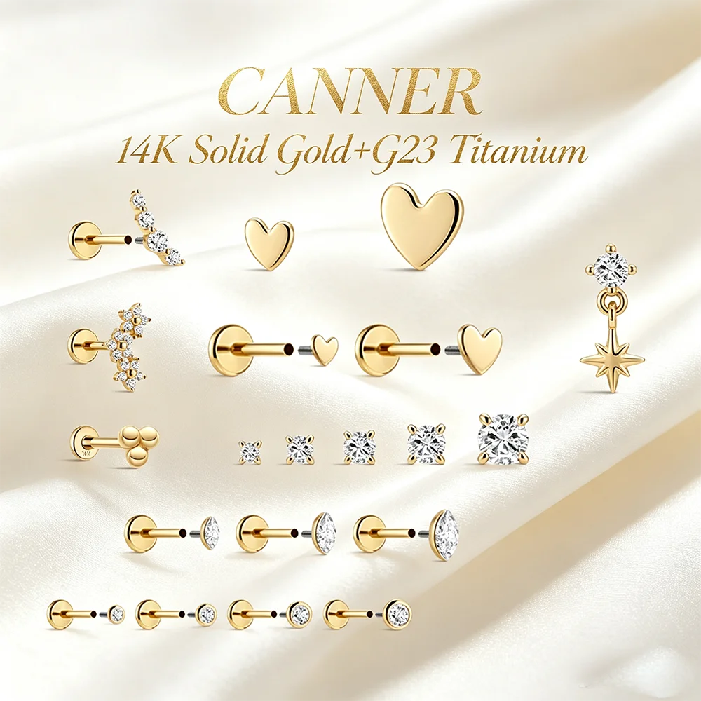 CANNER 14K Solid Gold G23 Titanium Star Heart Zircon Cartilage Tragus Helix Piercing Stud Earrings Hypoallergenic Jewelry Gift CANNER 14K Solid Gold G23 Titanium Star Heart Zircon Cartilage Tragus Helix Piercing Stud Earrings Hypoallergenic Jewelry Gift