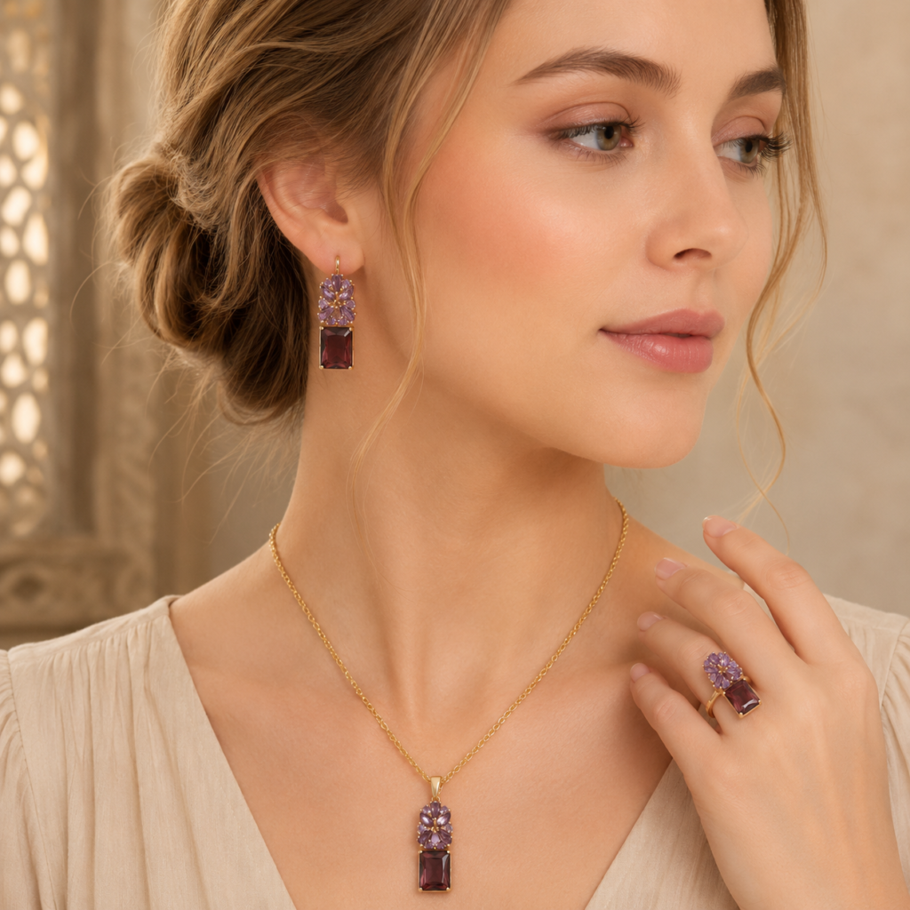 14k gold plated Natural Zircon Flower Ring Earrings Necklace For Women Fashion 585 Rose Gold Color Fine Vintage Jewelry Sets