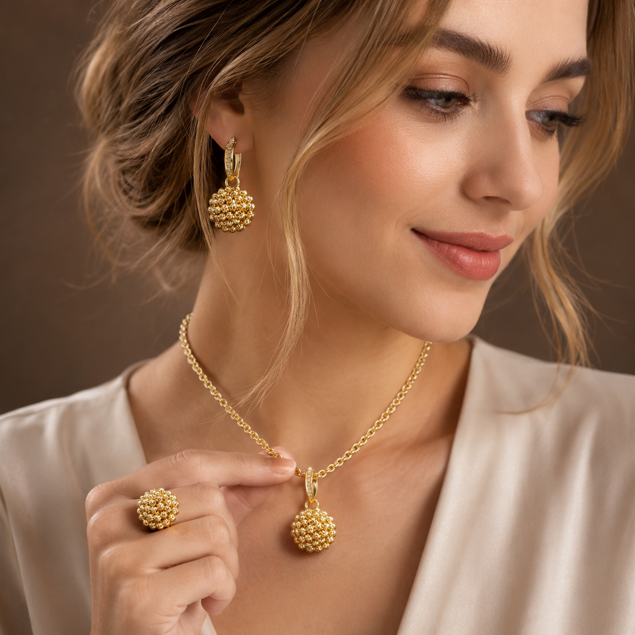 14K Real Gold Plating Necklace Earrings Ring for Women Unique Pattern Ethnic Bride Accessories Vintage Jewelry