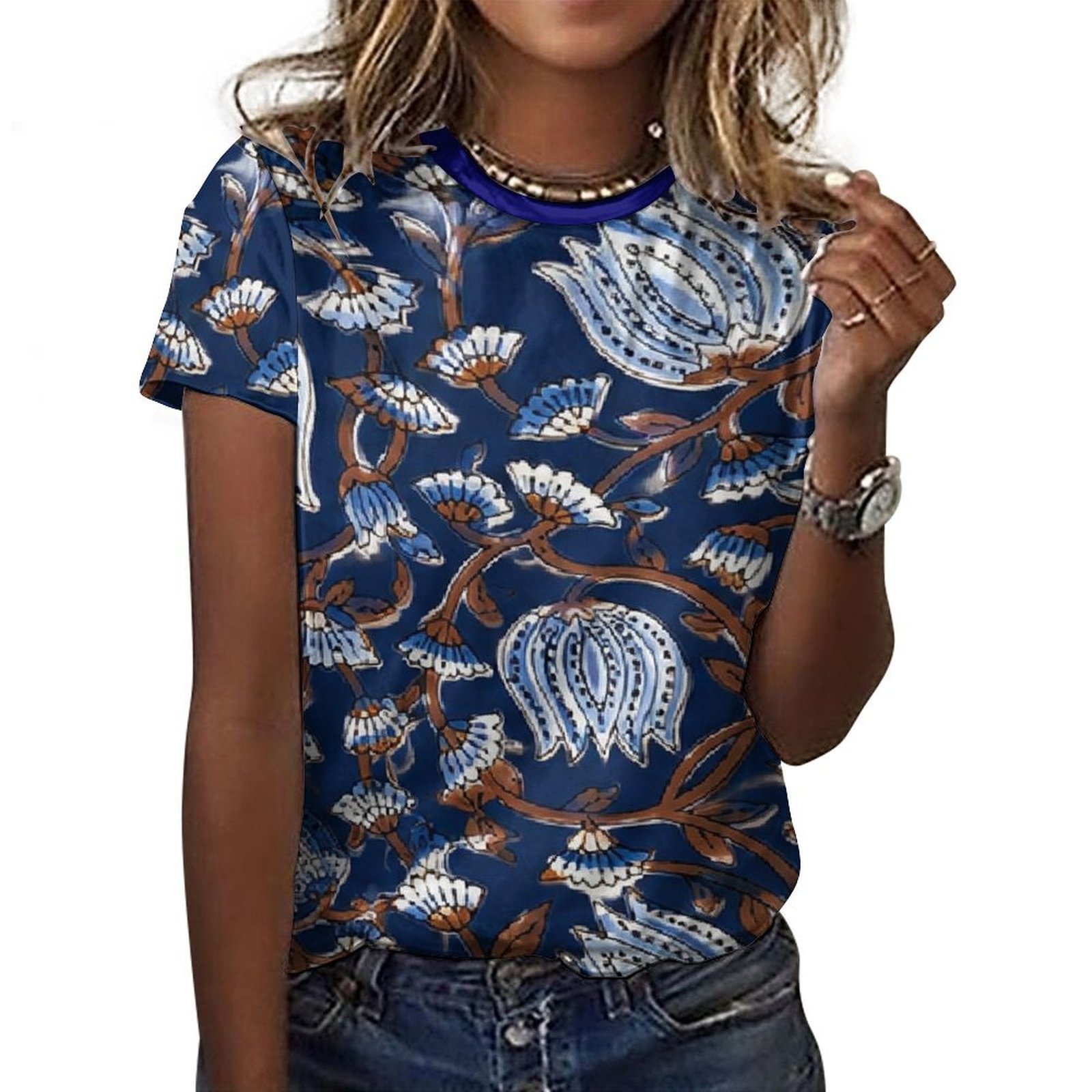 all bule flowers All-Over Print Women's Cotton T-Shirt - Image 5