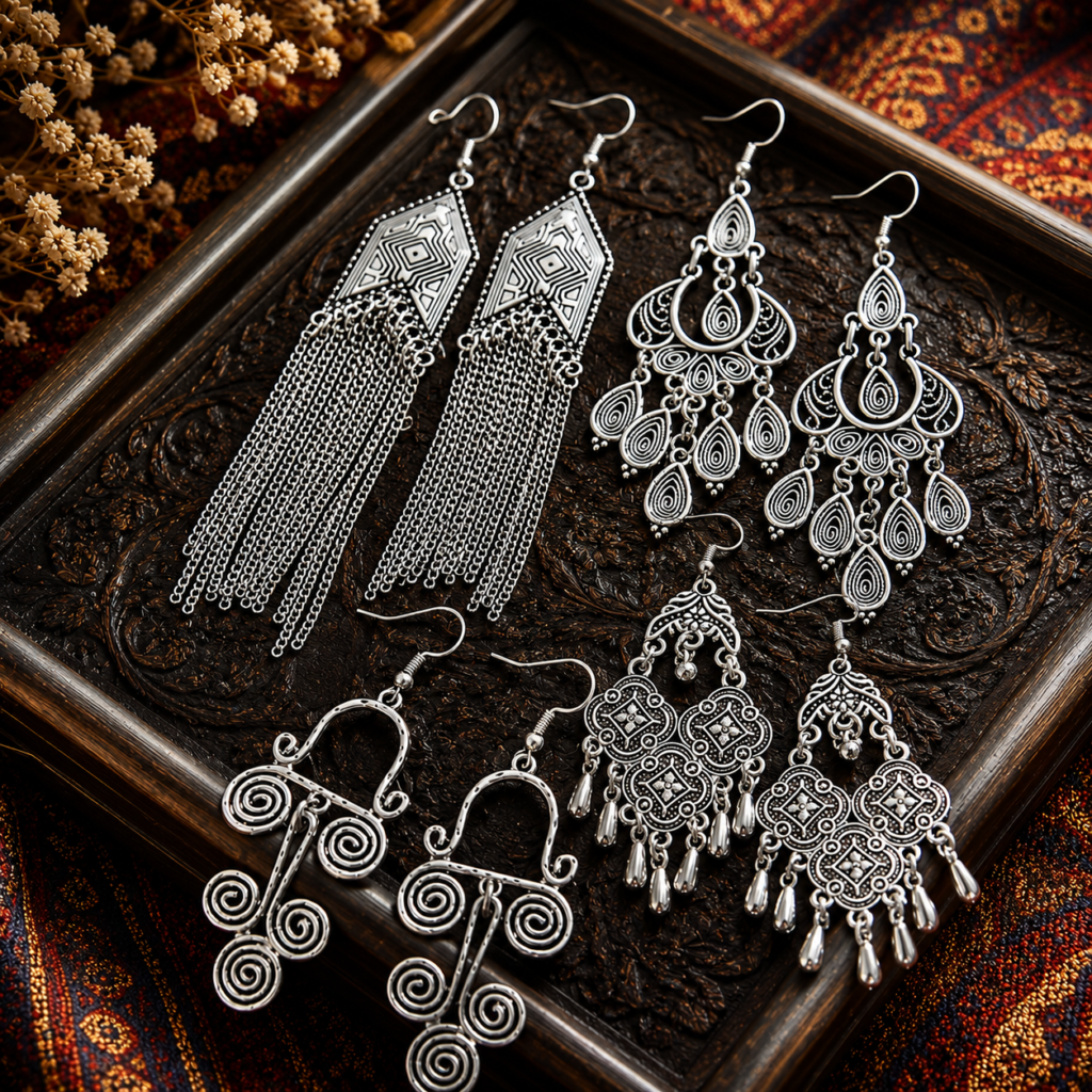 Ethnic Vintage Silver Drop Earrings for Women Creative Geometric Tassel Earrings Female Vacation Jewelry
