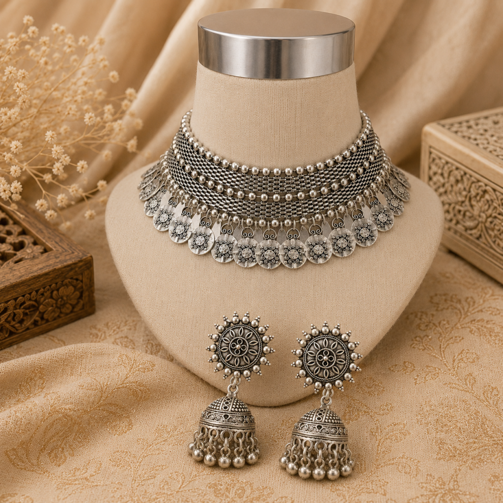 Ethnic Choker Necklace Earrings for Women Vintage Statement Jewelry Sets