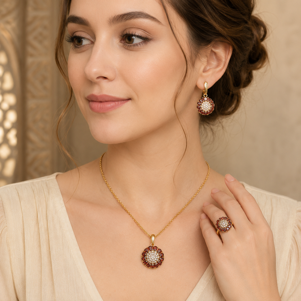 14k Rose Gold plated High Quality Ethnic Vintage Women Jewelry Sets Shiny Natural Zircon Pendant Necklace Ring Earrings Jewelry