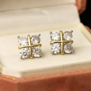 14K Gold Filled Four Leaf Flower Stud Earrings Sparkling 3mm Moissanite Earring for Women Simple Jewelry