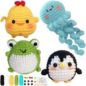 Easy Crochet Kit for Beginners-3 Pack Frog Chick Penguin Easy Learn to Starter Amigurumi Knitting Kit